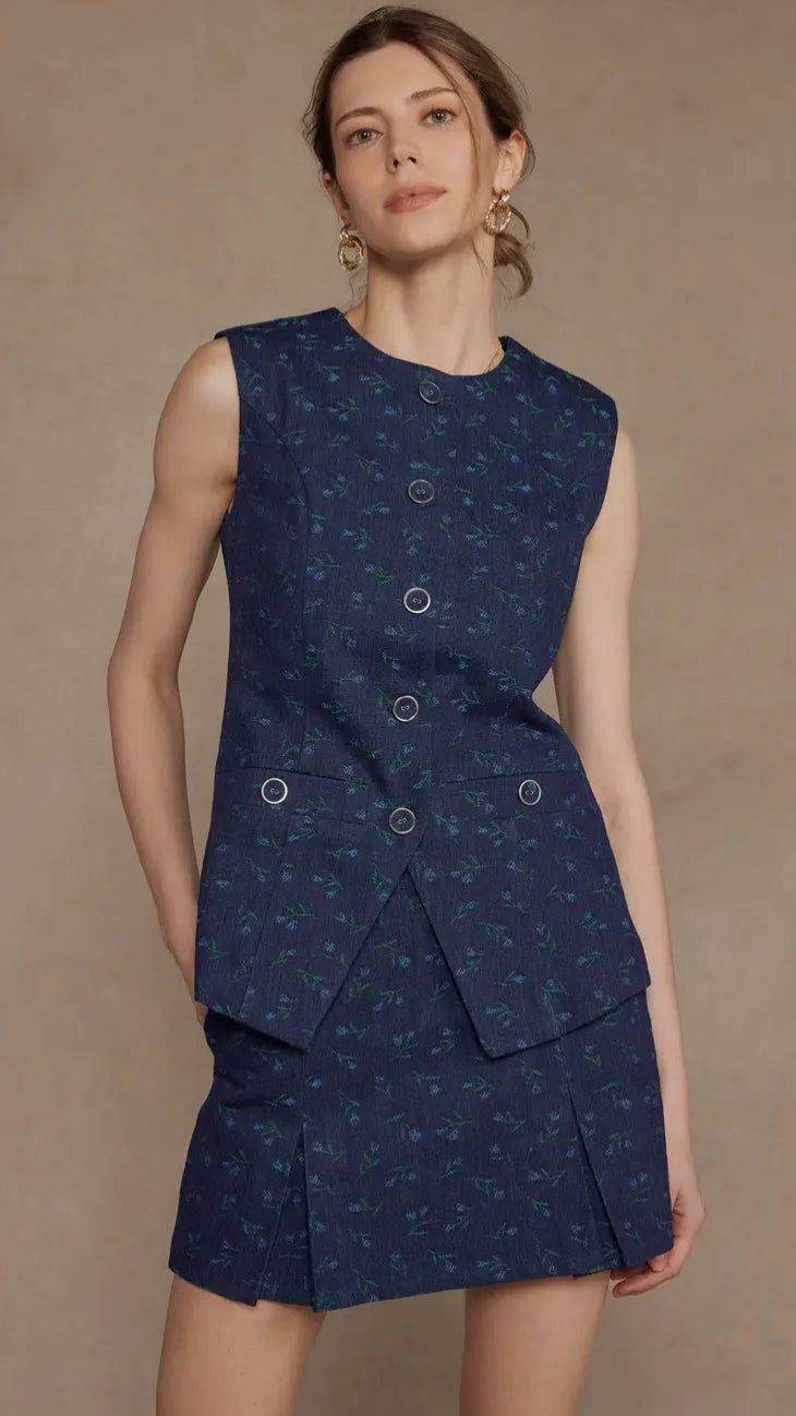 Floral Embroidered Vest in Blue