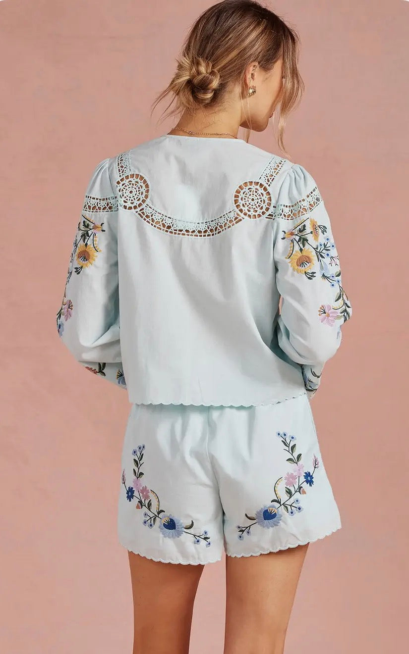 Light Blue Embroidered Shorts
