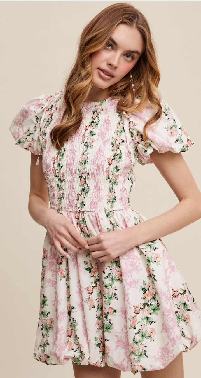 Pink Floral Smocked Puff Sleeve Dress