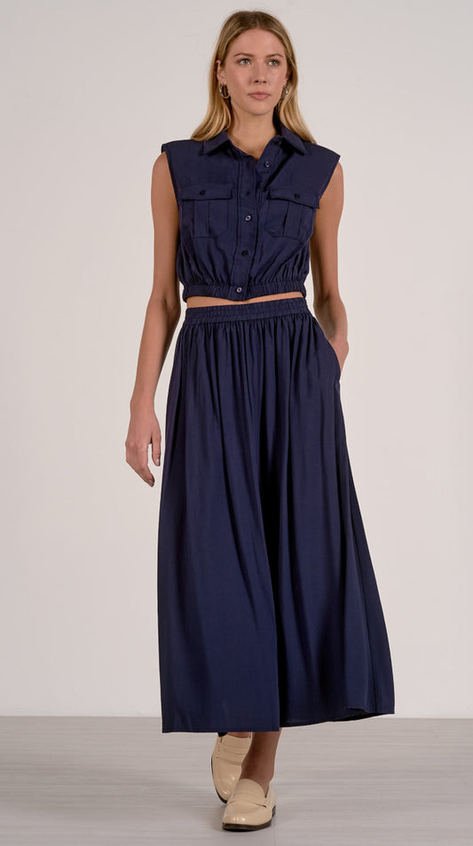 Navy Elastic waist Midi Skirt