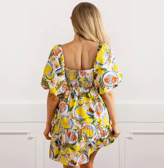 Lemon Santorini Puff Sleeve Dress