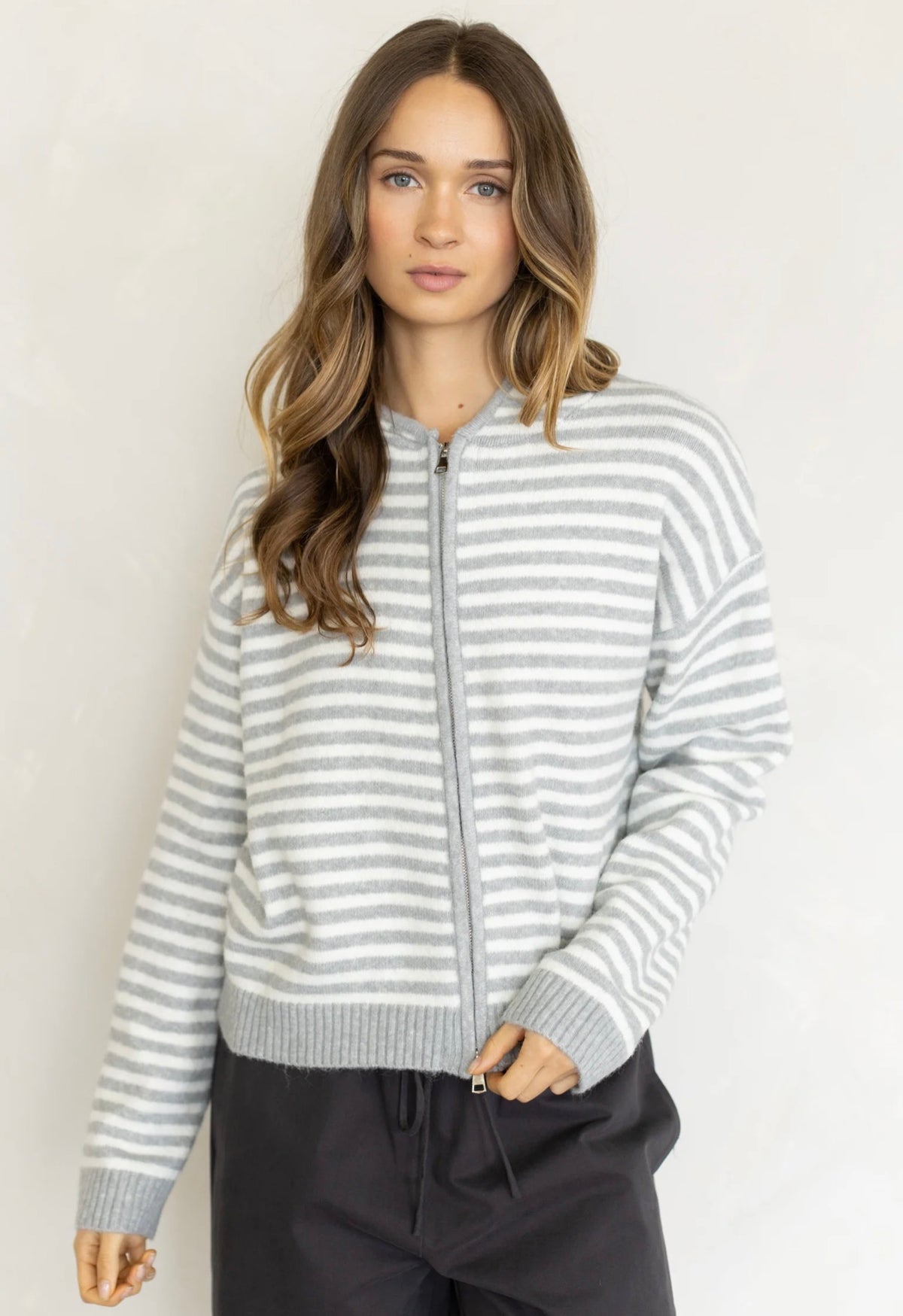 Striped Zipper Hooded Cardigan