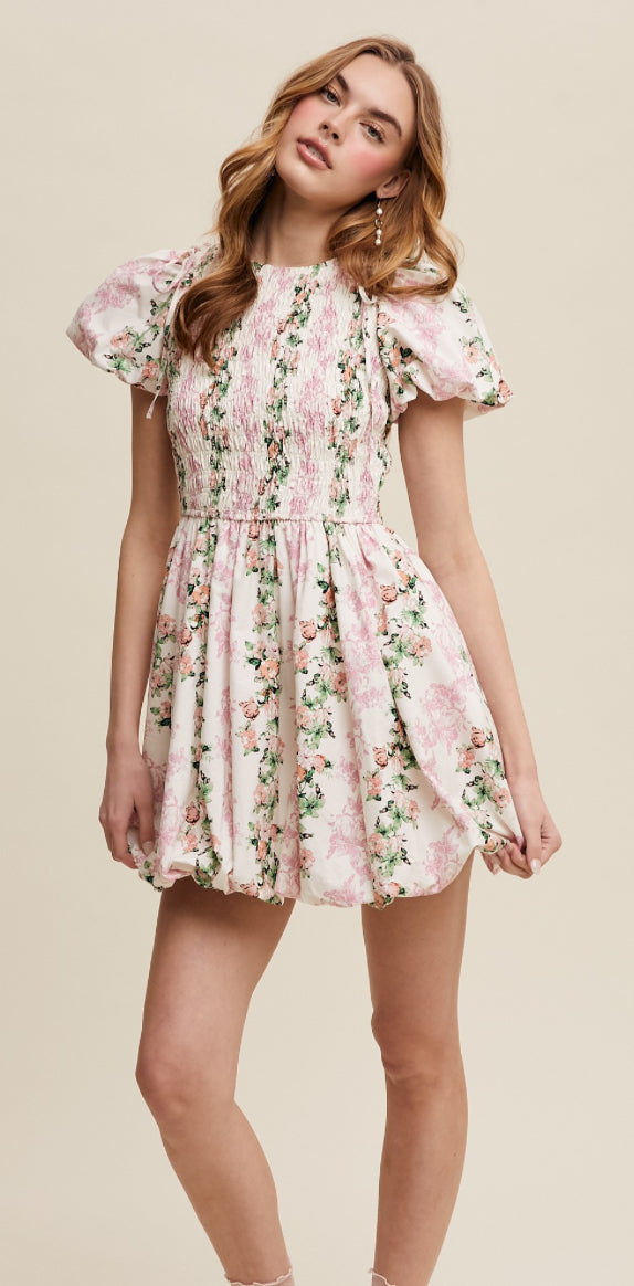 Pink Floral Smocked Puff Sleeve Dress