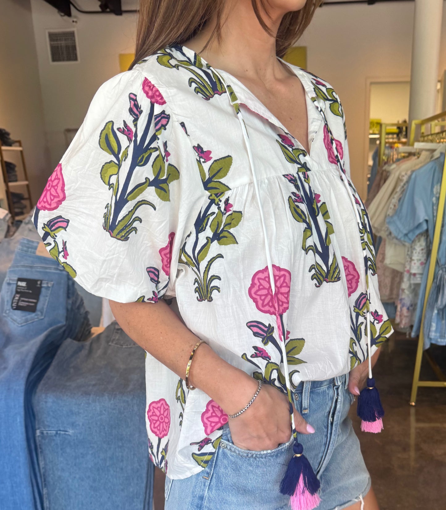 Puff Sleeve Neck Tie Top