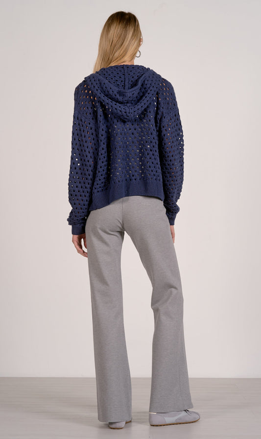 Navy Open Knit Zip Up Sweater