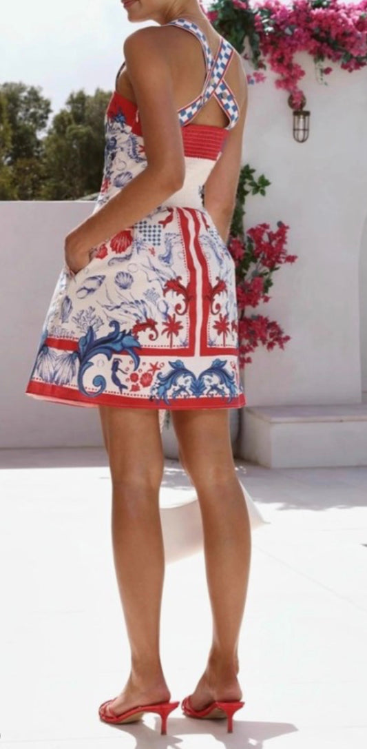Red & Blue Printed Mini Dress