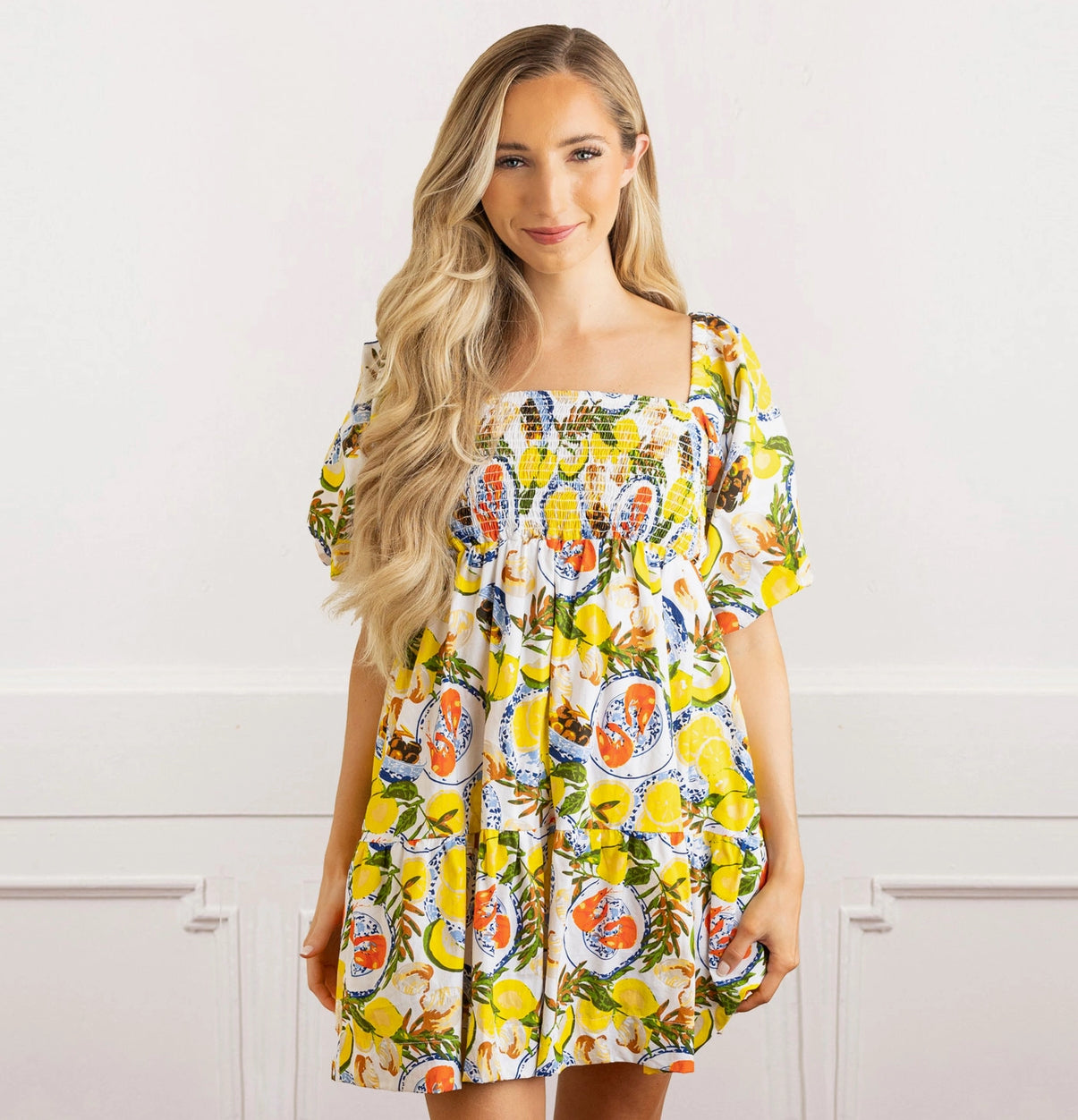 Lemon Santorini Puff Sleeve Dress