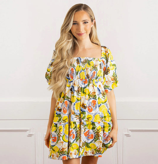 Lemon Santorini Puff Sleeve Dress