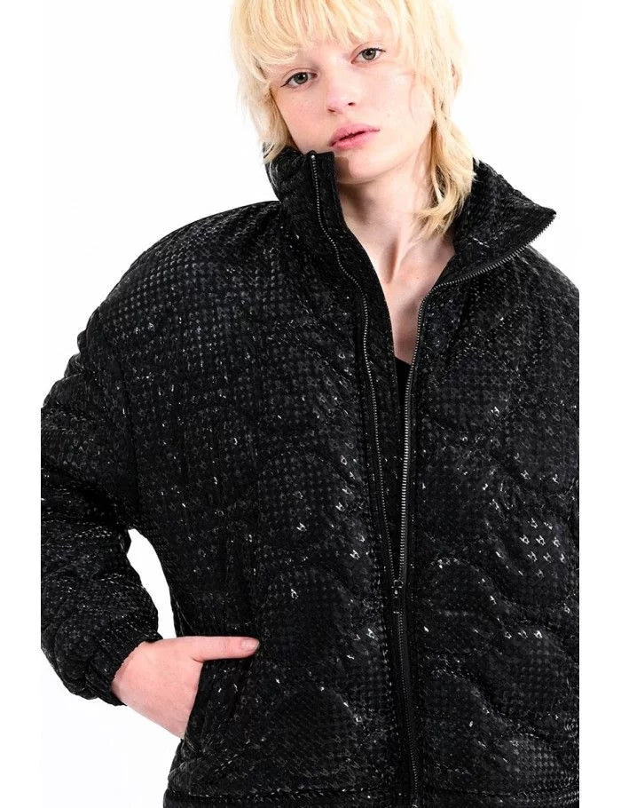 Black Houndstooth Puffer Jacket