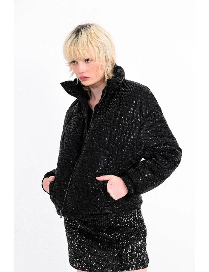 Black Houndstooth Puffer Jacket