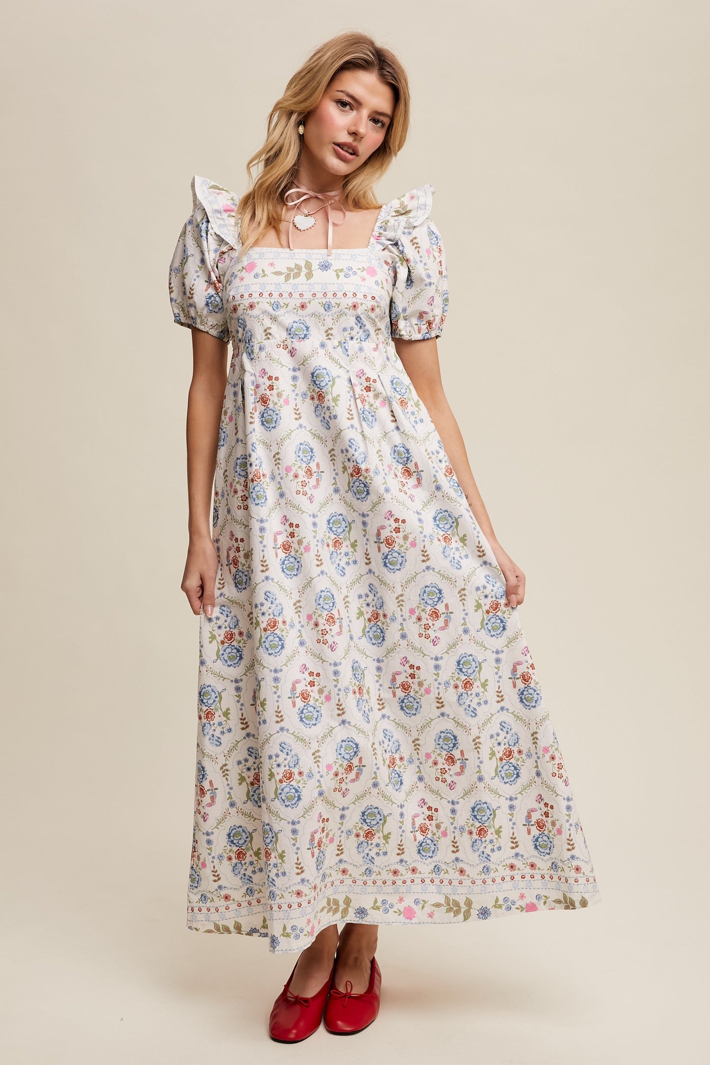 Floral Cream Puff-Sleeve Maxi Dress