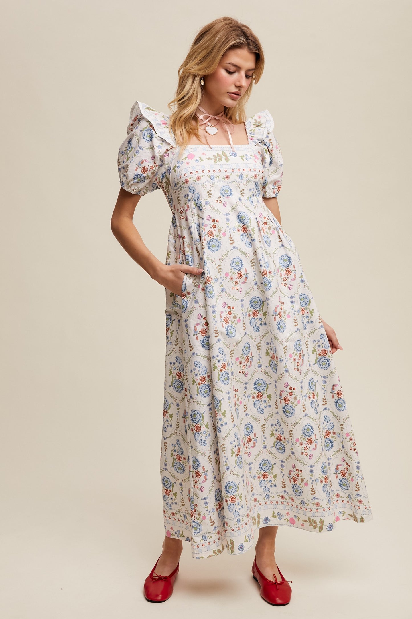 Floral Cream Puff-Sleeve Maxi Dress