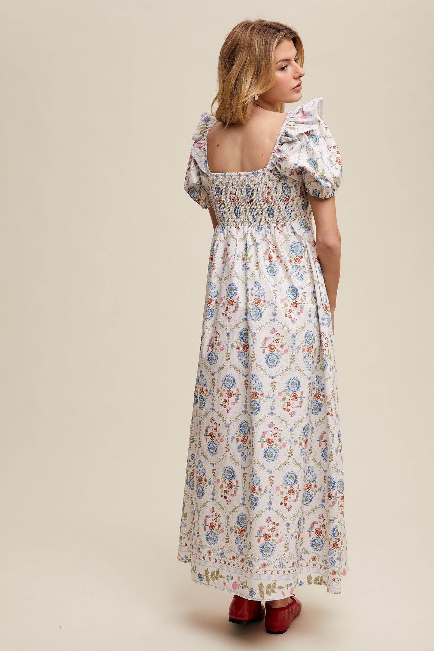 Floral Cream Puff-Sleeve Maxi Dress