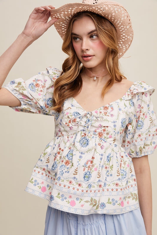 Cream Floral Babydoll Top