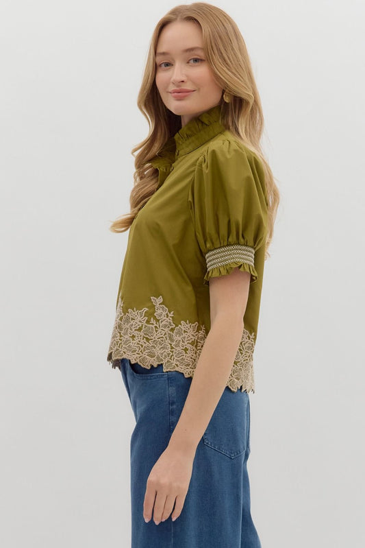 Olive Green Embroidered Top-L
