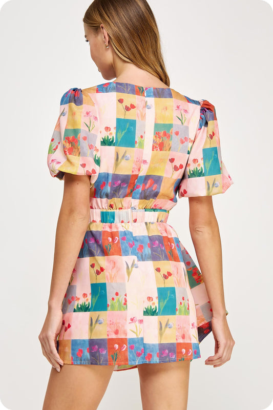 Ruched Floral Mini Dress