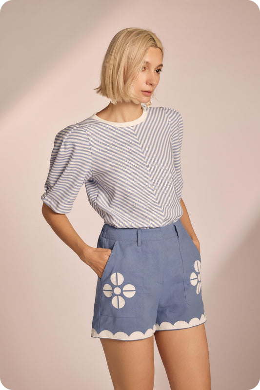 Chambray & White Embroidery Shorts