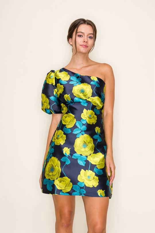 Navy/Lime Jacquard One Shoulder Dress
