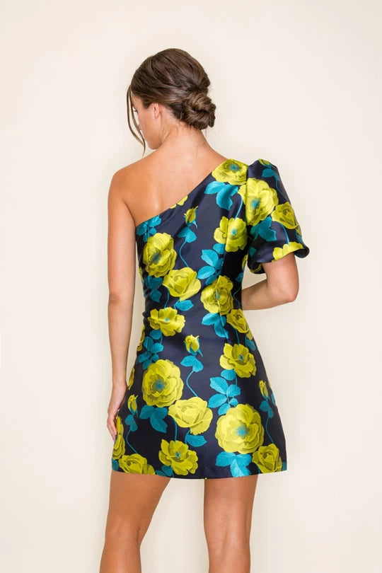 Navy/Lime Jacquard One Shoulder Dress