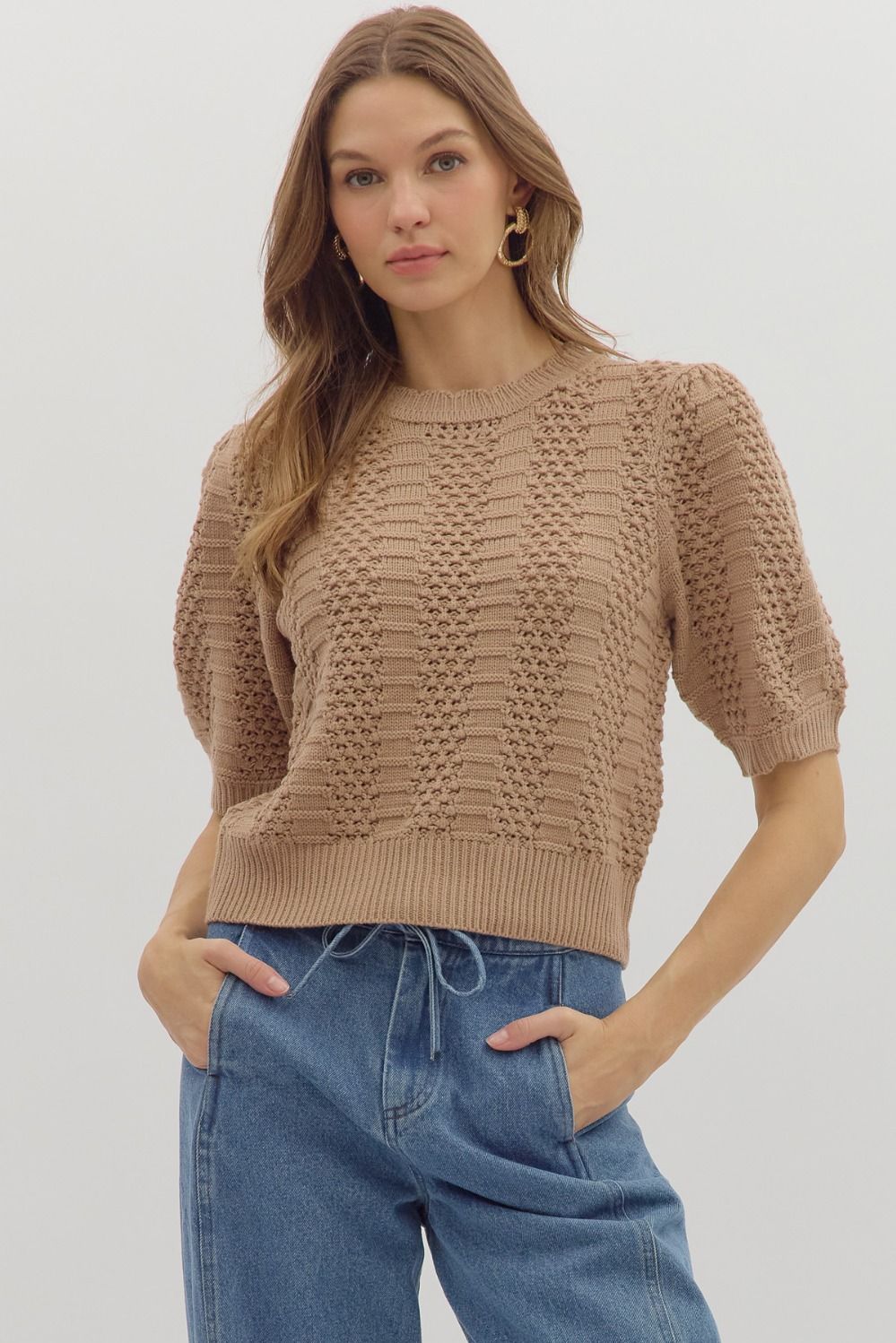 Short Sleeve Knit Taupe Sweater