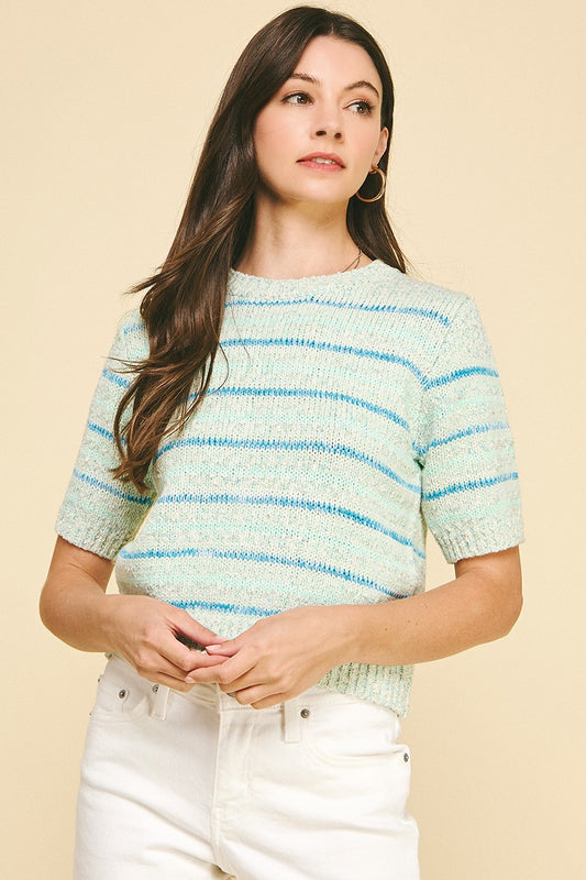 Striped Short Sleeve Sweater in Mint
