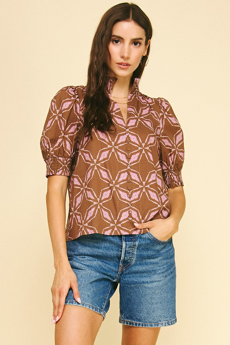 Puff Sleeve Print Button Blouse in Cocoa