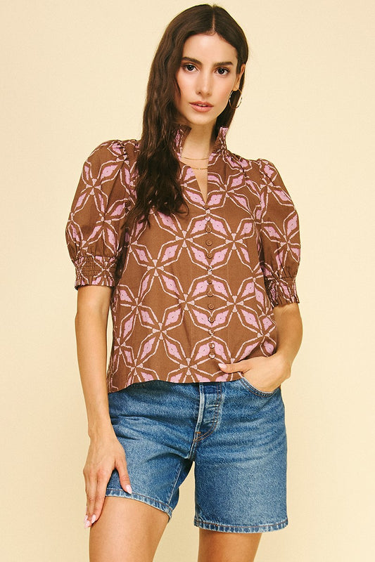 Puff Sleeve Print Button Blouse in Cocoa-L