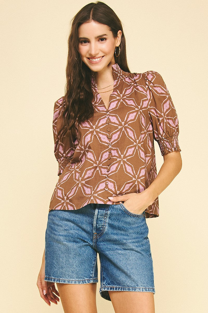 Puff Sleeve Print Button Blouse in Cocoa