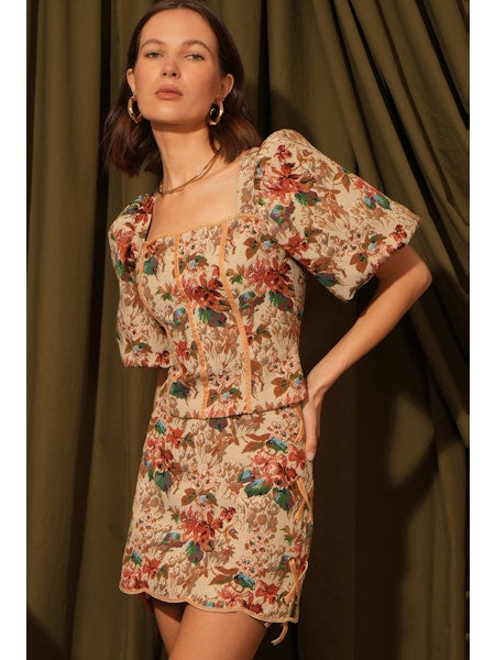 Judy Puff Sleeve Beige Tapestry Top