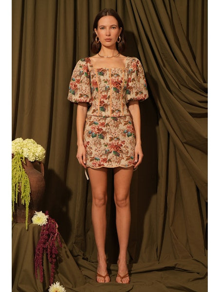 Judy Puff Sleeve Beige Tapestry Top