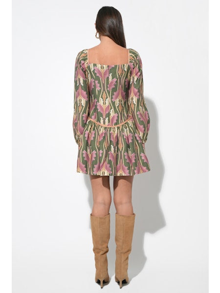Coralie Drop Waist Floral Mini Dress in Olive