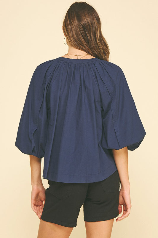 Tie V-Neck Top in Navy