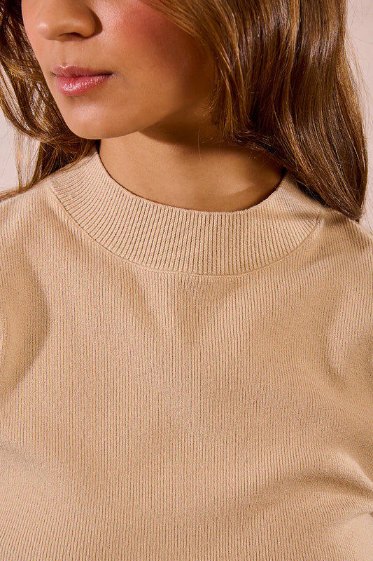 Beige Ribbed Mockneck