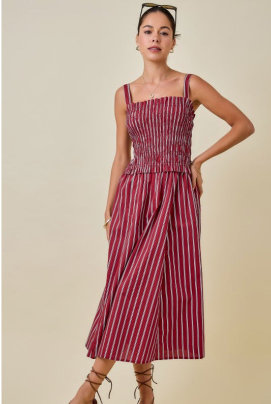 Striped Midi Dress Smocked Bodice