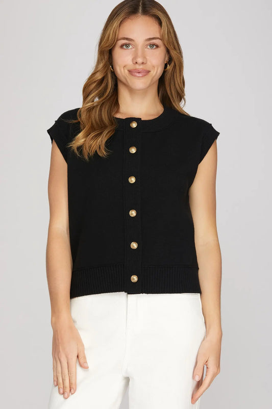 Gold Button Up Sleeveless Sweater Top