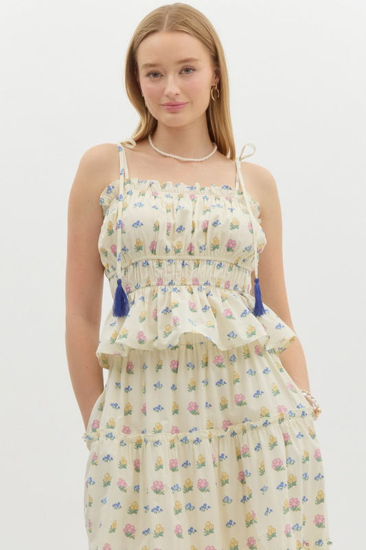 Cream Floral Tassel Tie Top
