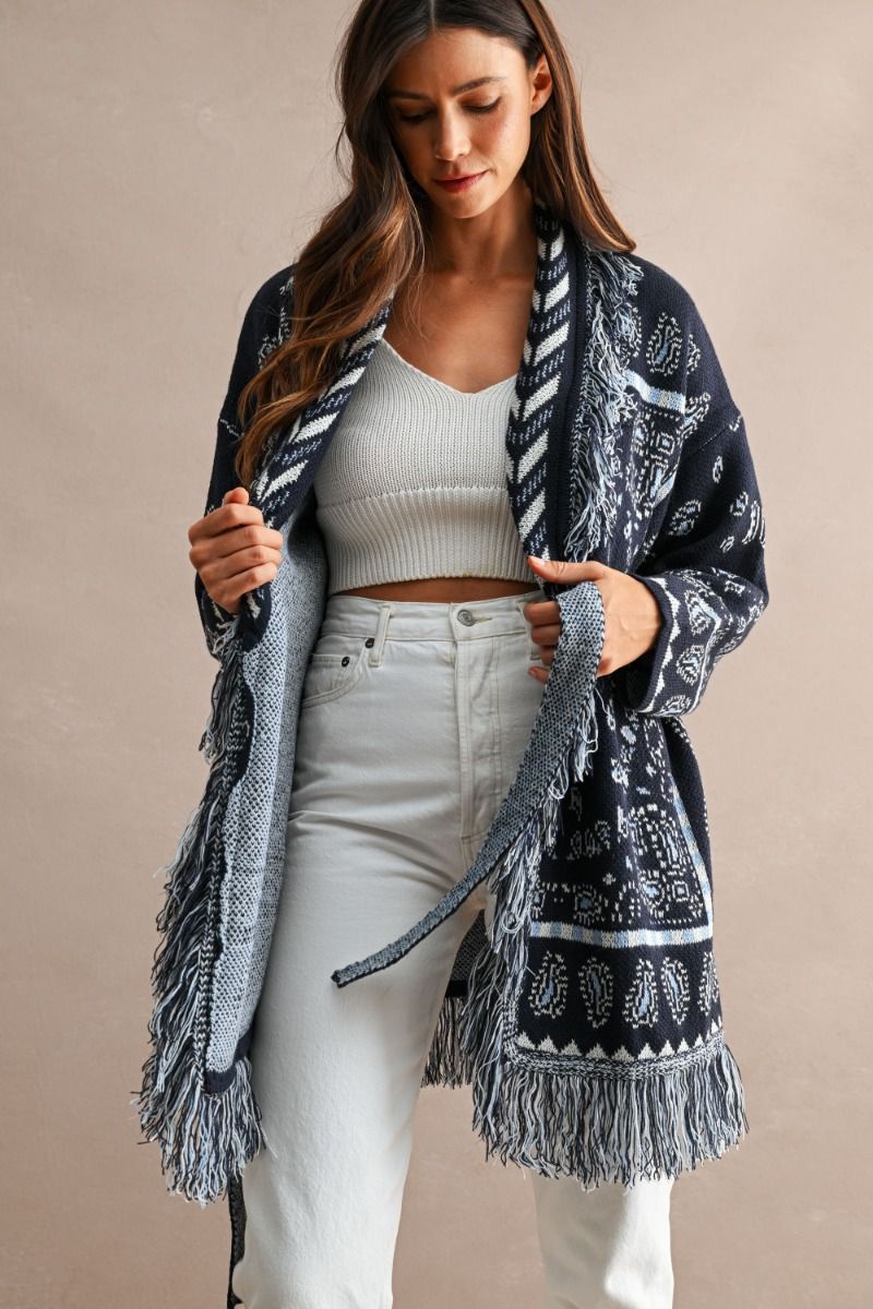 Navy Fringe Paisley Long Belted Sweater