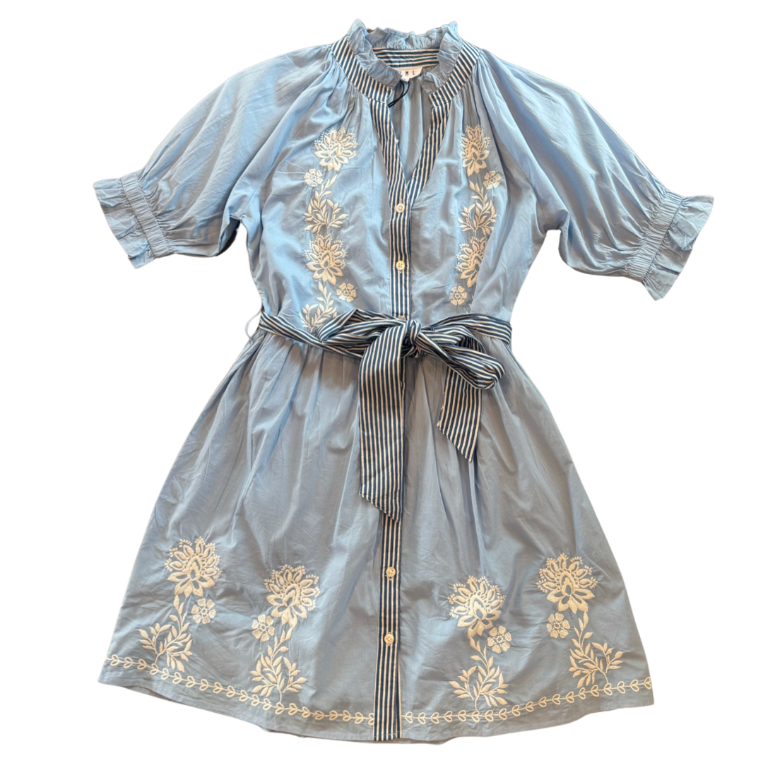 Blue Short Sleeve Embroidered dress-S