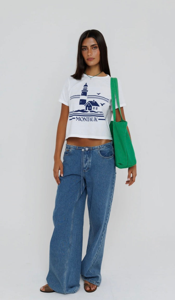 Sunny somewhere Montauk navy white tee shirt