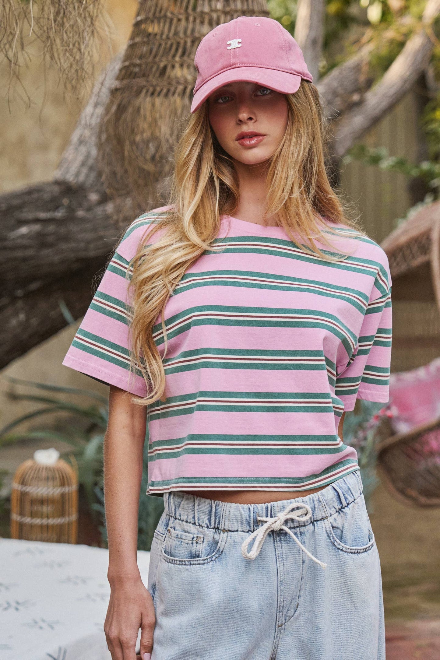 Vintage Washed Striped Cotton Crop Tee