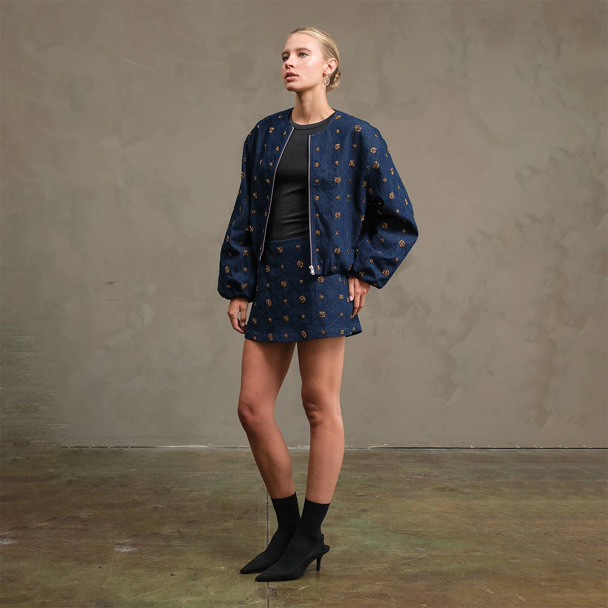 Embellished Quilted Denim Bomber Jacket