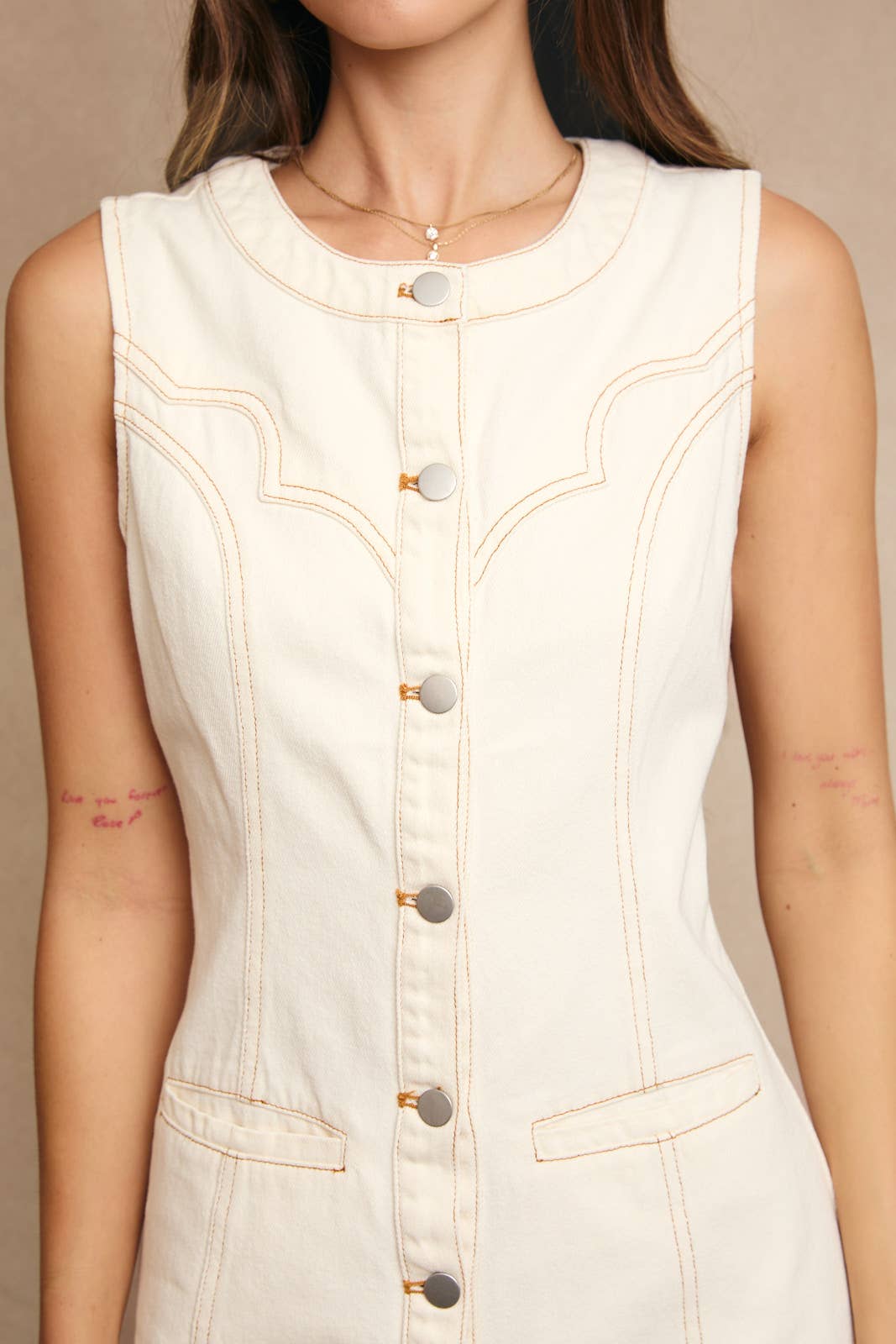 Stitch Detail Sleeveless Button Down Dress