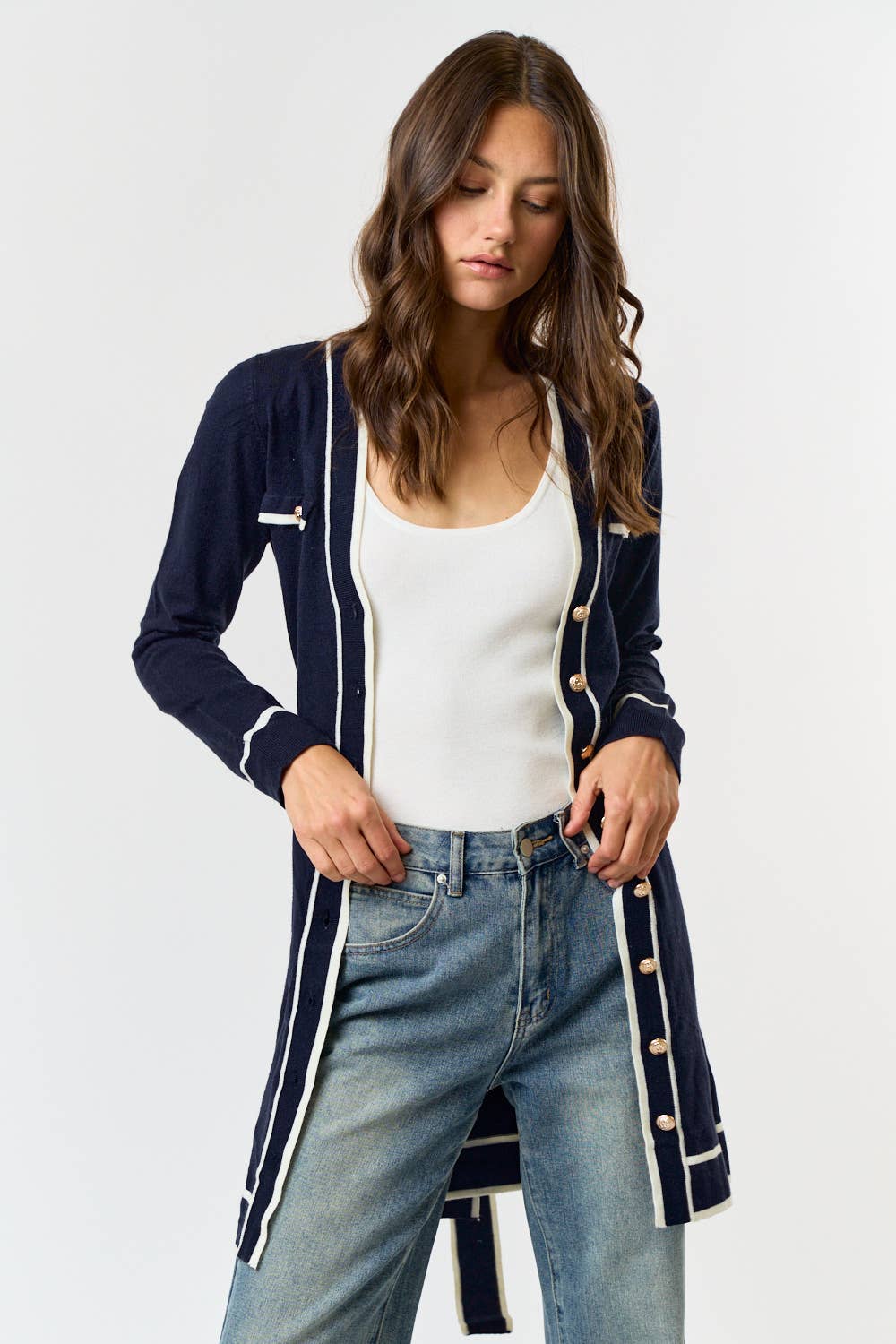 Navy Belted Sweater Dress