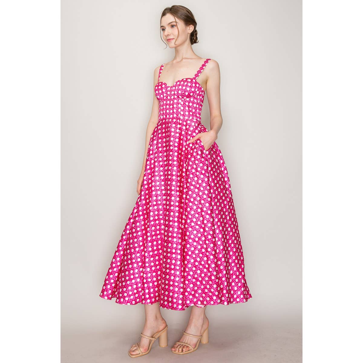 Satin Trellis Print Bustier Flared Midi Dress