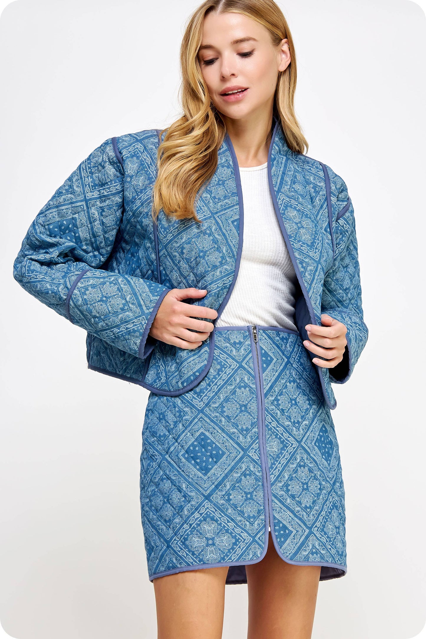 Print Padded Quilt Piping Detail Jacket