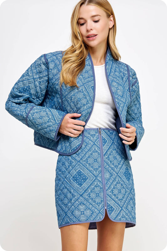 Print Padded Quilt Piping Detail Jacket