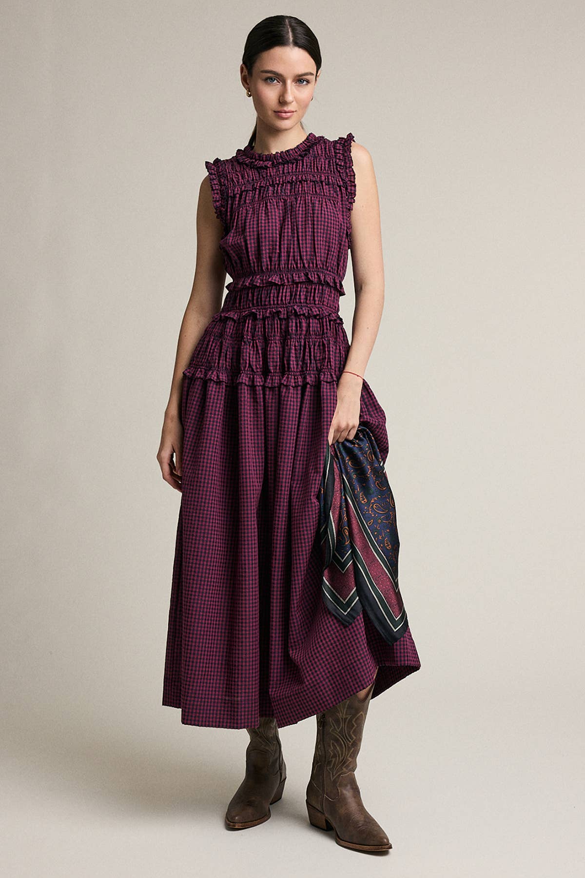 Smocked Ruffle Plaid Maxi Dress