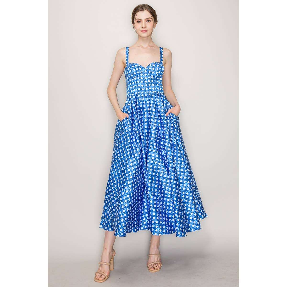 Satin Trellis Print Bustier Flared Midi Dress