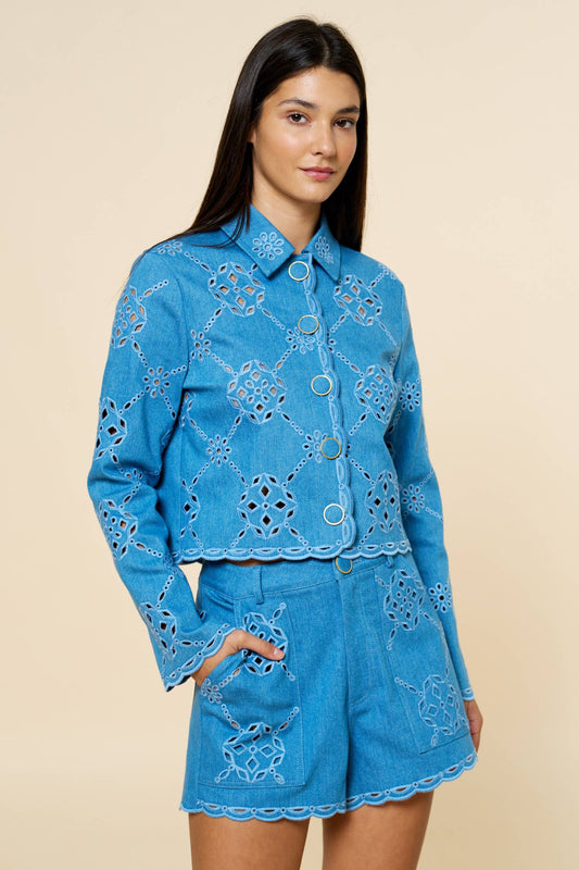 Embroidered Scalloped Button Up Jacket