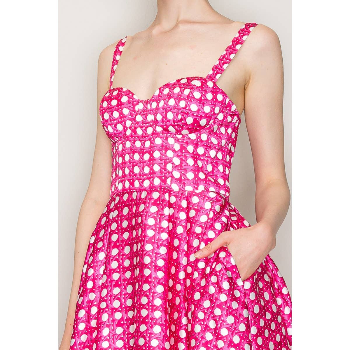 Satin Trellis Print Bustier Flared Midi Dress